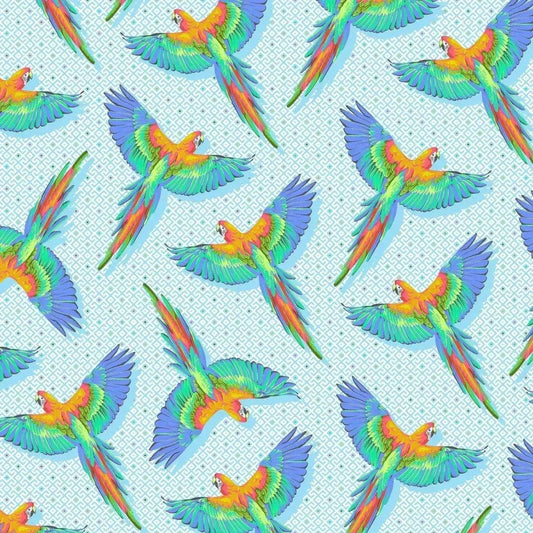 Pattern of colorful parrots on a light blue geometric background