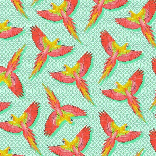 Pattern of colorful parrots on a turquoise green background