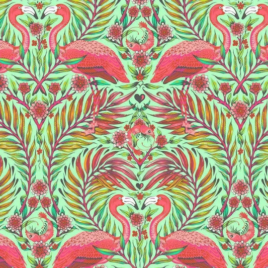 Colorful pattern of pink flamingos and green foliage on a green background