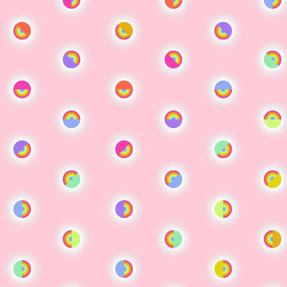 Pattern of colorful rainbow circles on a pink background