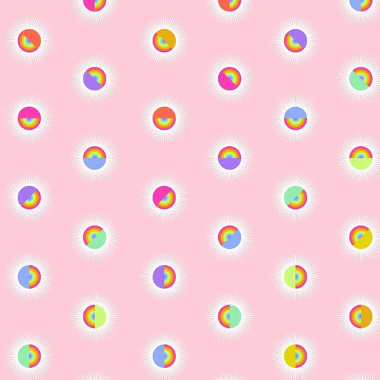 Pattern of colorful rainbow circles on a pink background