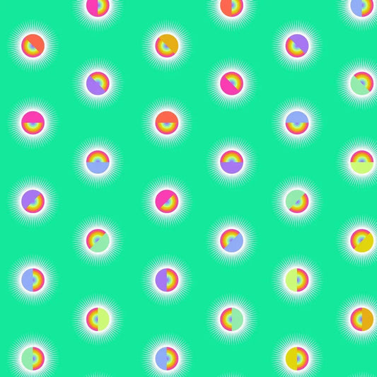 Pattern of colorful rainbow circles on a turquoise background