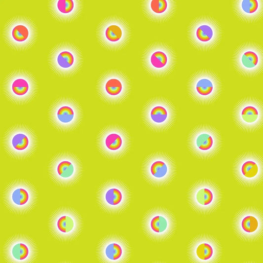 Pattern of colorful rainbow circles on a yellow background