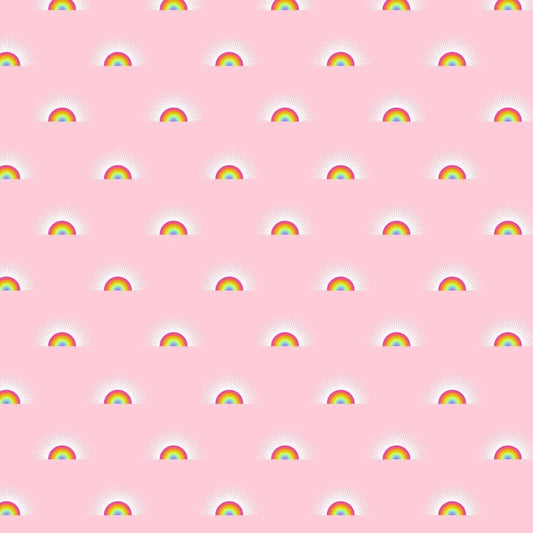 Pattern of rainbows arranged on a pink background