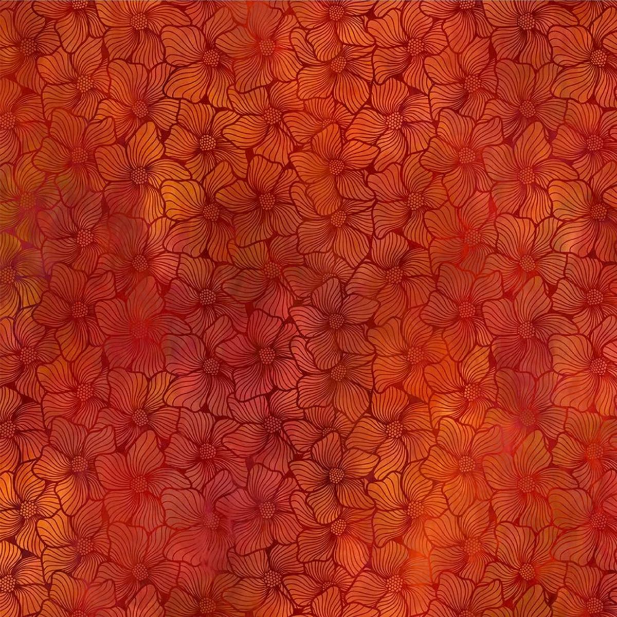 A fabric design featuring a repeating stained-glass floral pattern in orange and red, outlined in deep burgundy.