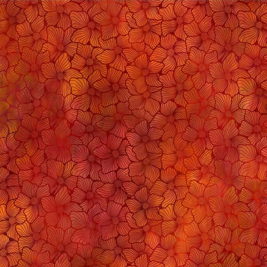 A fabric design featuring a repeating stained-glass floral pattern in orange and red, outlined in deep burgundy.