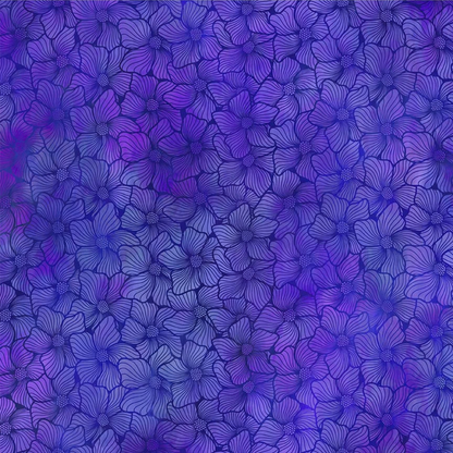 A fabric design featuring lush stained-glass flowers, their rounded petals layered in sumptuous violet and deep periwinkle.