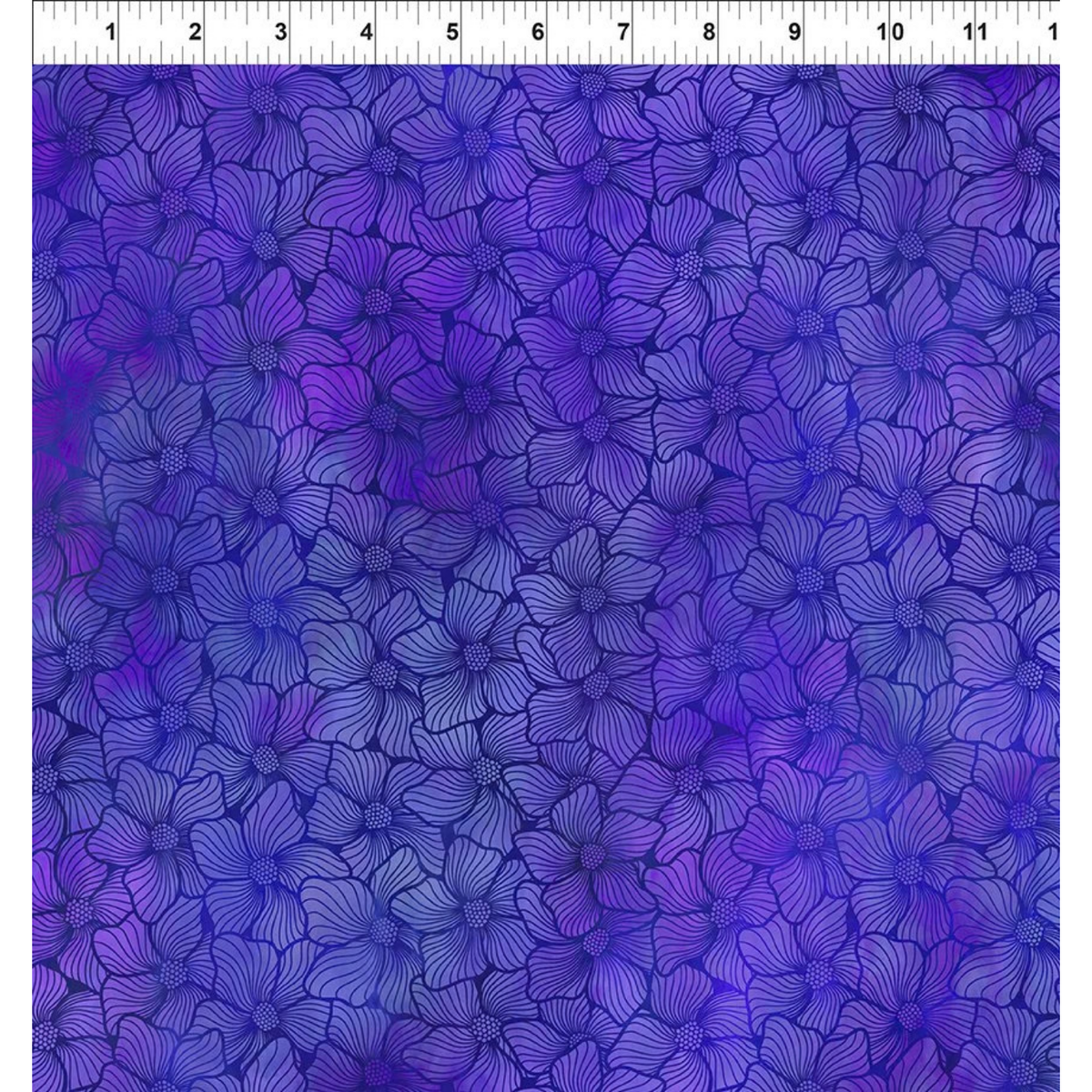 A fabric design featuring lush stained-glass flowers, their rounded petals layered in sumptuous violet and deep periwinkle with a ruler at the top for scale.
