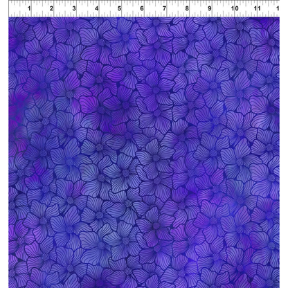 A fabric design featuring lush stained-glass flowers, their rounded petals layered in sumptuous violet and deep periwinkle with a ruler at the top for scale.