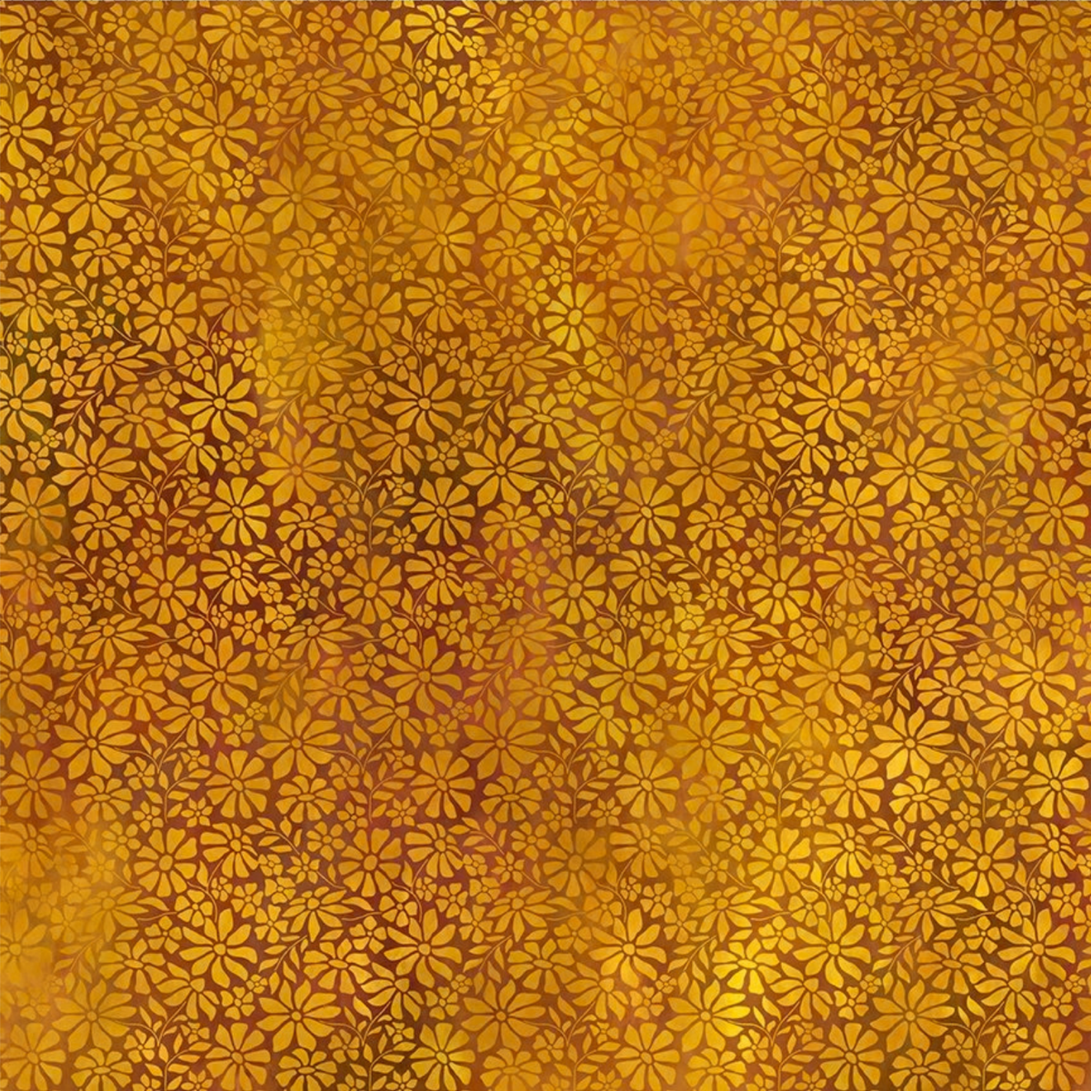 A fabric design featuring a lush meadow of daisy-like blooms, their petals layered in sumptuous warm amber and deep gold.