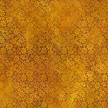 A fabric design featuring a lush meadow of daisy-like blooms, their petals layered in sumptuous warm amber and deep gold.