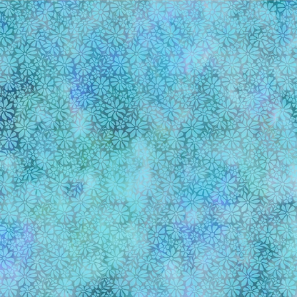 A fabric design featuring a lush meadow of daisy-like blooms in soft shades of sky blue, bright turquoise, and rich teal.