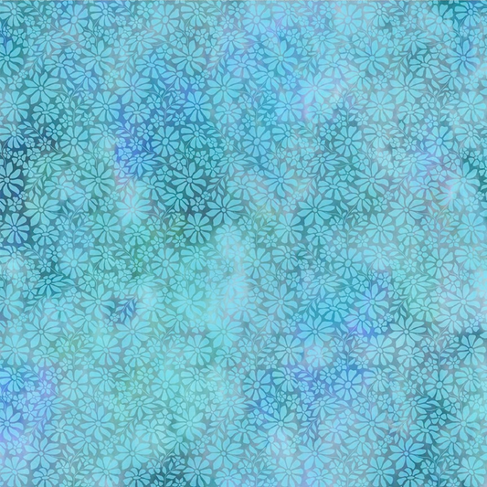 A fabric design featuring a lush meadow of daisy-like blooms in soft shades of sky blue, bright turquoise, and rich teal.