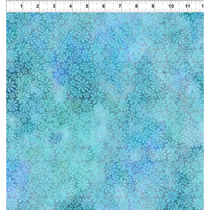 A fabric design featuring a lush meadow of daisy-like blooms in soft shades of sky blue, bright turquoise, and rich teal with a ruler at the top for scale.