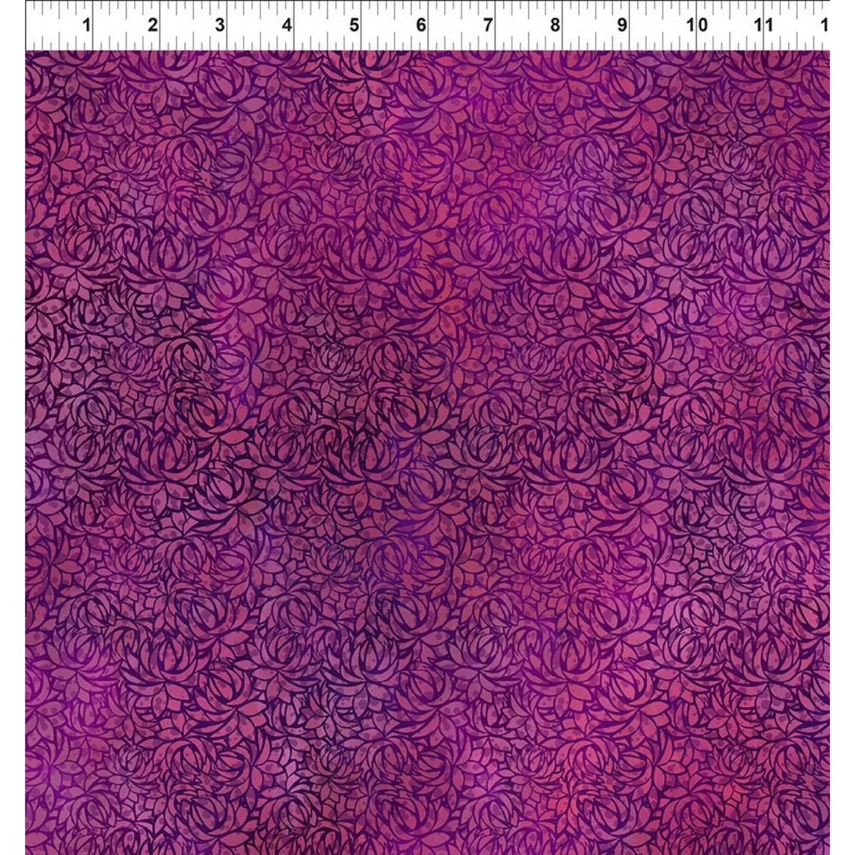 A fabric design featuring overlapping lotus blooms, awash in blended shades of deep magenta and sumptuous purple hues with a ruler at the top for scale.