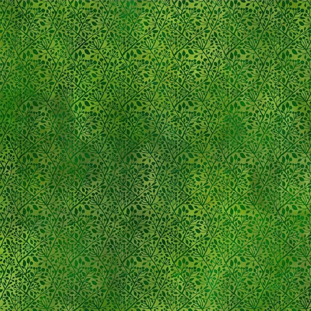 A fabric design featuring intricate botanical vines and leaves, woven in blended shades of deep, harmonious greens. 