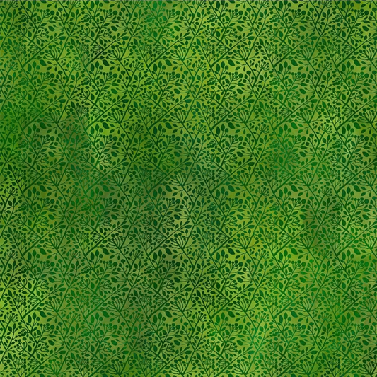 A fabric design featuring intricate botanical vines and leaves, woven in blended shades of deep, harmonious greens. 