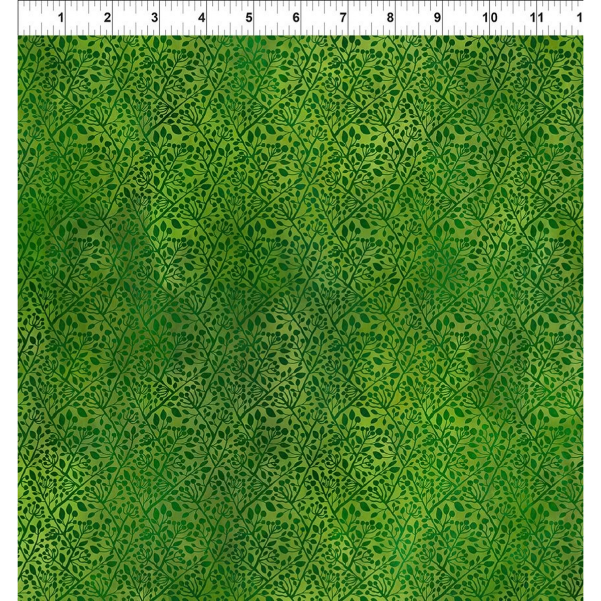 A fabric design featuring intricate botanical vines and leaves, woven in blended shades of deep, harmonious greens with a ruler at the top for scale.