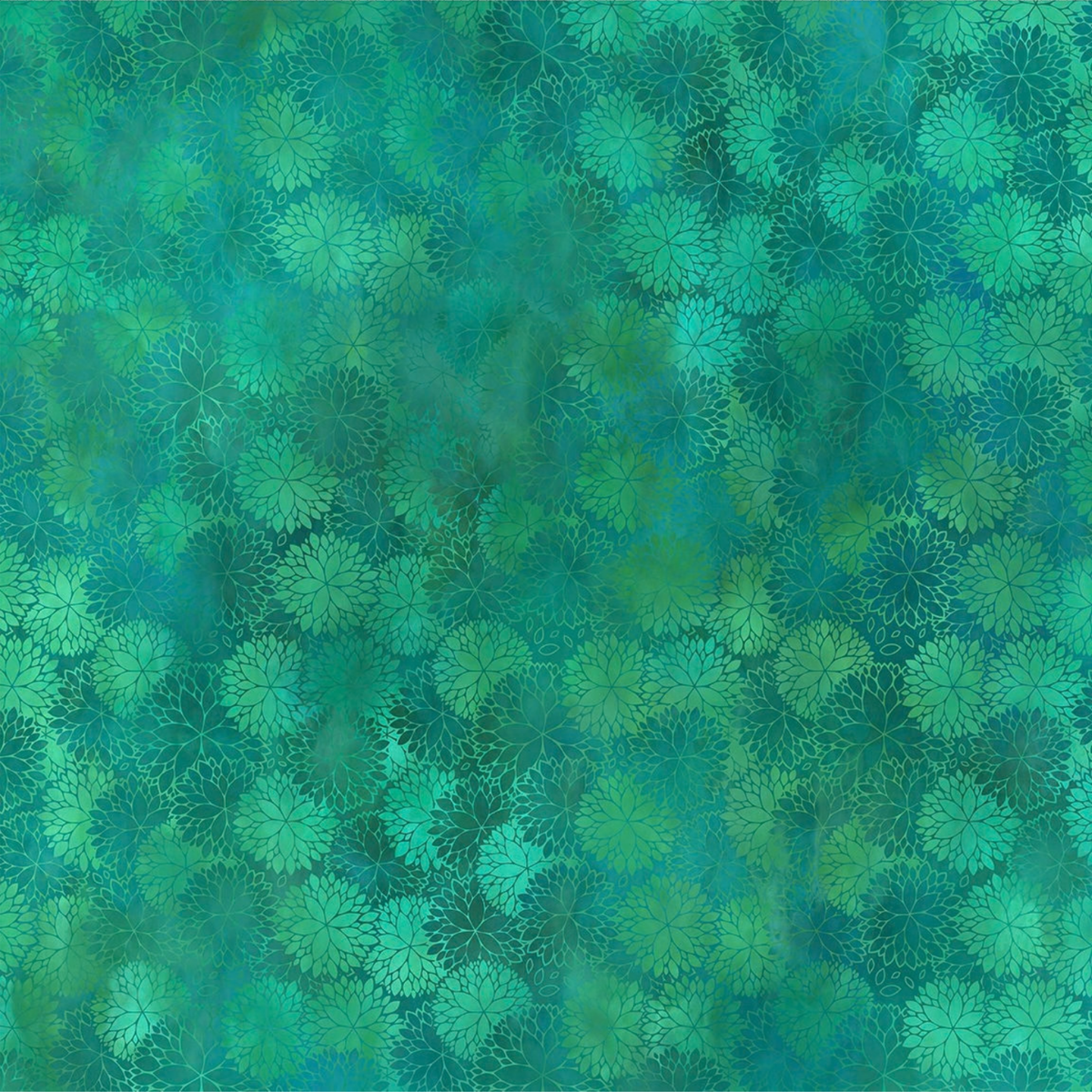 A fabric design featuring graceful, overlapping chrysanthemum blooms, their petals awash in lush teal and deep turquoise.
