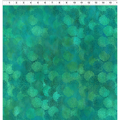 A fabric design featuring graceful, overlapping chrysanthemum blooms, their petals awash in lush teal and deep turquoise with a ruler at the top for scale.