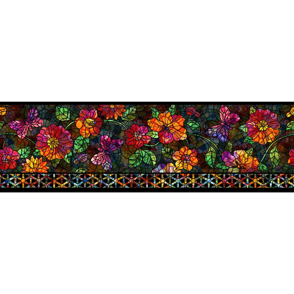 A fabric strip featuring a stained-glass-style floral pattern with colorful flowers and butterflies on a dark background.