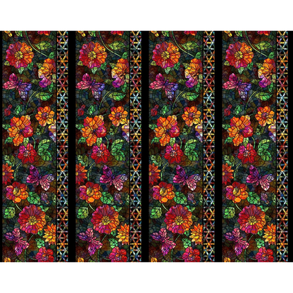 Fabric with four stripes featuring a repeating stained-glass-style floral pattern, large multicolored flowers, green leaves, butterflies, and narrow decorative borders, set against a dark background.