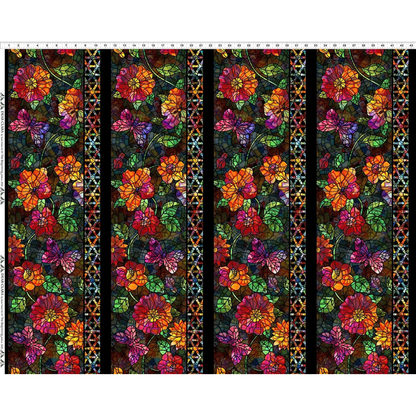 Fabric with four stripes featuring a repeating stained-glass-style floral pattern, large multicolored flowers, green leaves, butterflies, and narrow decorative borders, set against a dark background. Ruler at the top for scale.