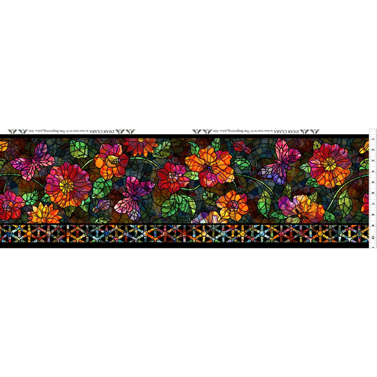A fabric strip featuring a stained-glass-style floral pattern with colorful flowers and butterflies on a dark background. A ruler is shown on the right for scale.