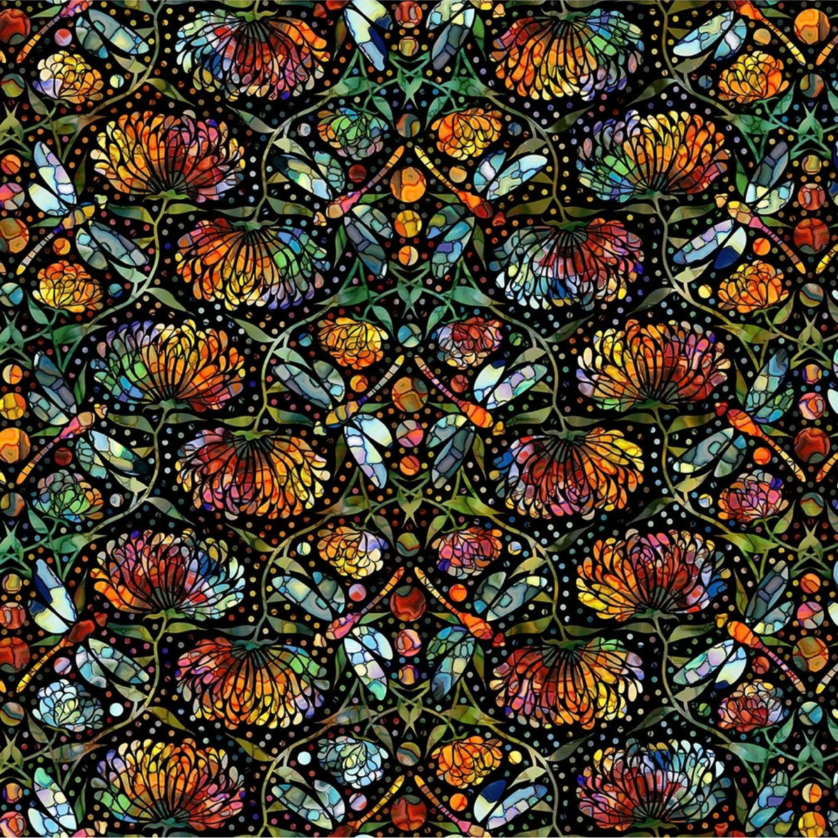A repeating stained-glass-style floral and dragonfly pattern with orange, yellow, blue, green, and red sections outlined in black, arranged in a symmetrical decorative layout.