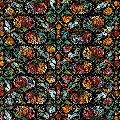 A repeating stained-glass-style floral and dragonfly pattern with orange, yellow, blue, green, and red sections outlined in black, arranged in a symmetrical decorative layout.