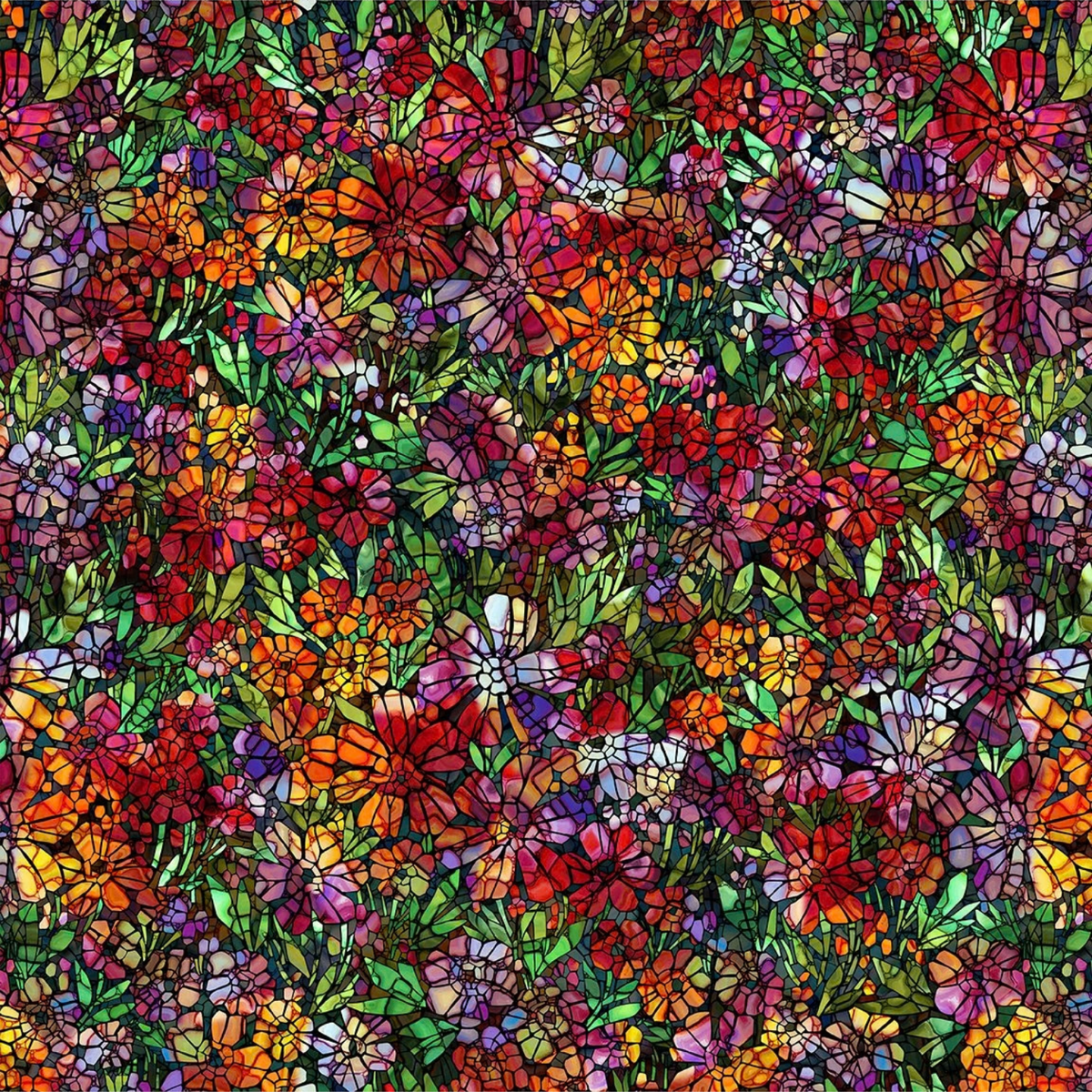 A dense, repeating stained-glass-style floral pattern with many overlapping flowers and leaves in red, orange, yellow, purple, pink, and green, outlined in black.
