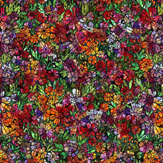 A dense, repeating stained-glass-style floral pattern with many overlapping flowers and leaves in red, orange, yellow, purple, pink, and green, outlined in black.