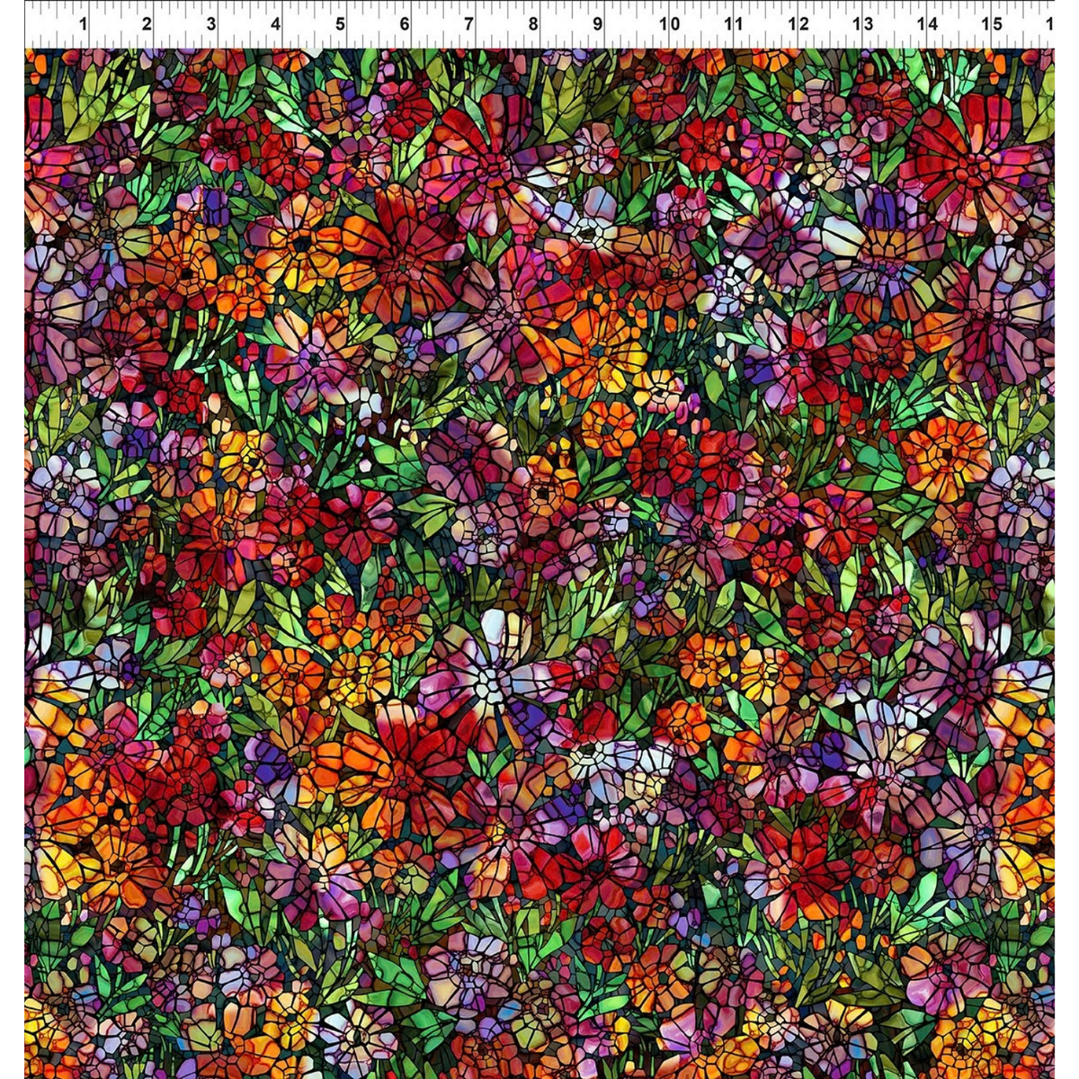 A close-up of a colorful floral patterned fabric with a ruler along the top edge showing measurements in inches. The design features a dense, stained-glass-like arrangement of flowers in red, orange, yellow, purple, pink, and green with black outlines.