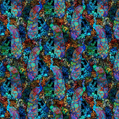 A seamless repeating pattern featuring ornate stained-glass peacocks in deep blue, teal, and green on a dark background.