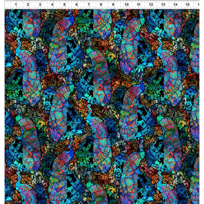 A fabric swatch with a seamless repeating pattern featuring ornate stained-glass peacocks in deep blue, teal, and green on a dark background. Ruler at the top for scale.