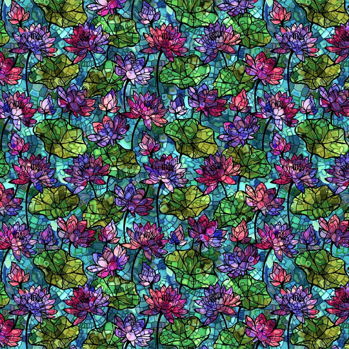A fabric design featuring stained-glass water lilies and pads in vibrant shades of purple, pink, magenta, and green on a turquoise background.