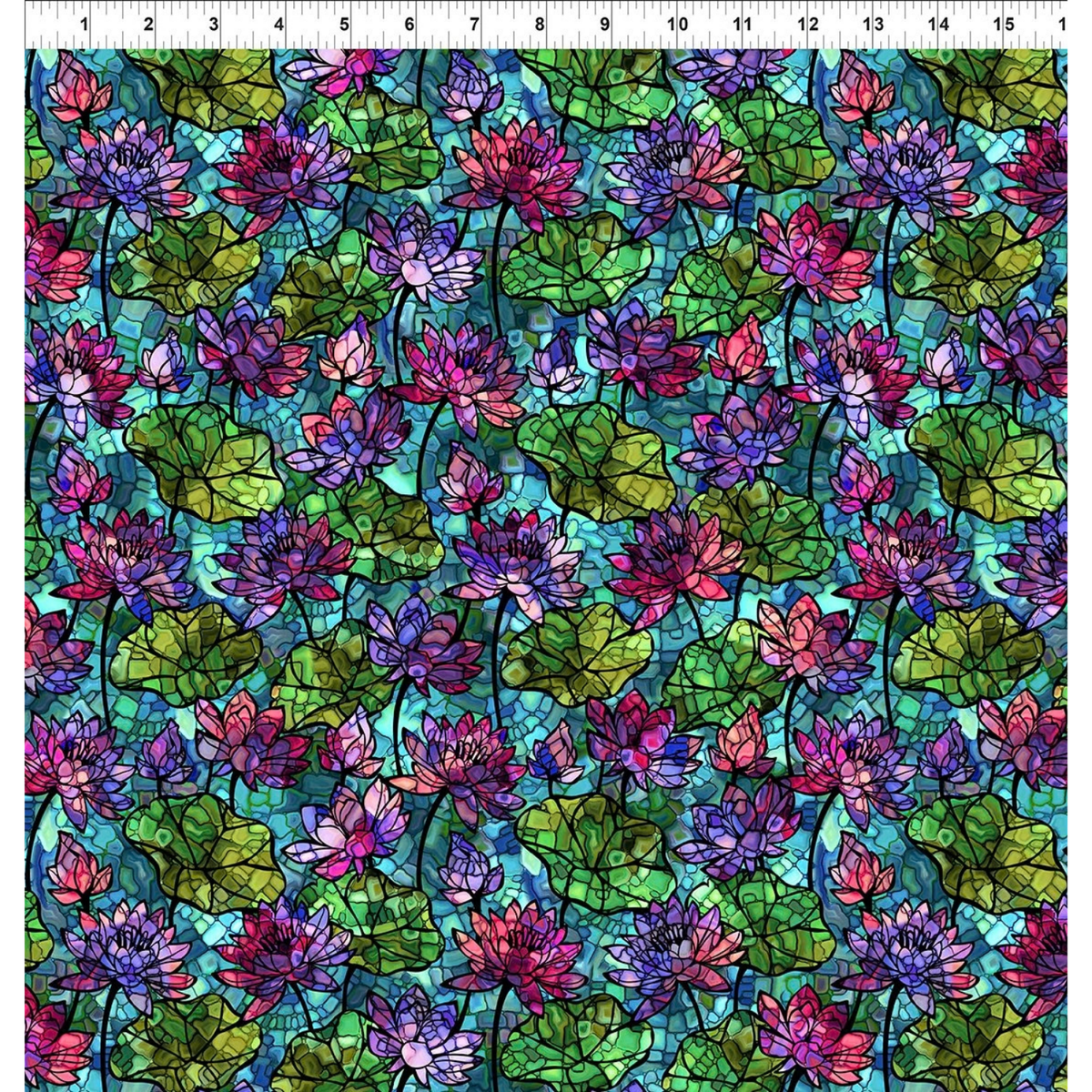 A fabric design of stained-glass-style pink and purple water lilies and green lily pads on a turquoise background. A ruler is visible along the top, indicating scale.
