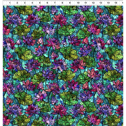 A fabric design of stained-glass-style pink and purple water lilies and green lily pads on a turquoise background. A ruler is visible along the top, indicating scale.