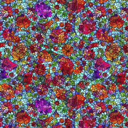 A fabric design featuring stained-glass flowers in vibrant reds, pinks, purples, and oranges on a bright blue mosaic background.