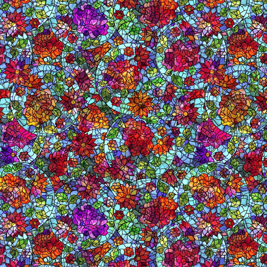 A fabric design featuring stained-glass flowers in vibrant reds, pinks, purples, and oranges on a bright blue mosaic background.