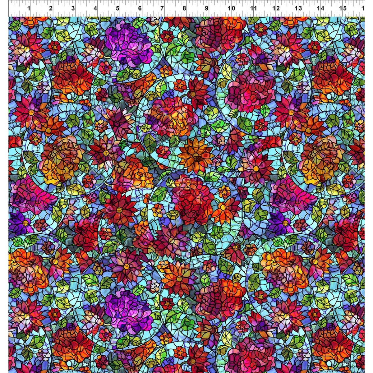 A fabric design featuring stained-glass flowers in vibrant reds, pinks, purples, and oranges on a bright blue mosaic background, with a white ruler visible along the top for scale.