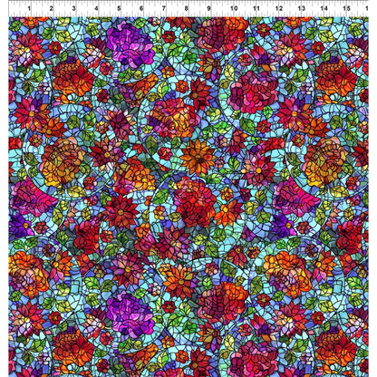 A fabric design featuring stained-glass flowers in vibrant reds, pinks, purples, and oranges on a bright blue mosaic background, with a white ruler visible along the top for scale.