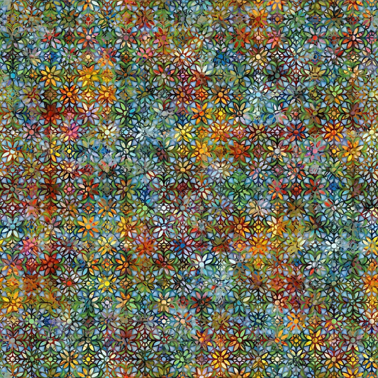 A fabric design featuring a captivating grid of tiny flowers in radiant gold, orange, red, teal, and blue blended hues.