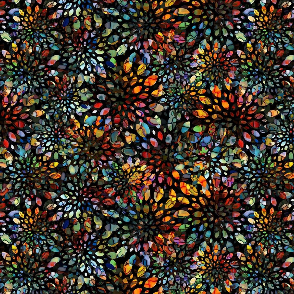 A fabric design with a dense, repeating pattern of intricate, multicolored stained-glass floral or mandala-like motifs on a black background.