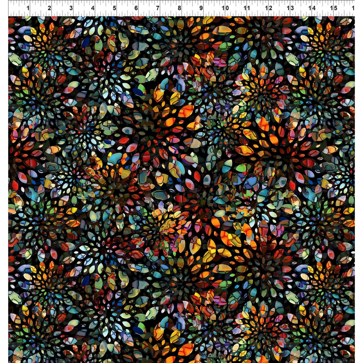 A fabric design with a dense, repeating pattern of intricate, multicolored stained-glass floral or mandala-like motifs on a black background with a ruler at the top for scale.