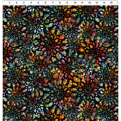 A fabric design with a dense, repeating pattern of intricate, multicolored stained-glass floral or mandala-like motifs on a black background with a ruler at the top for scale.