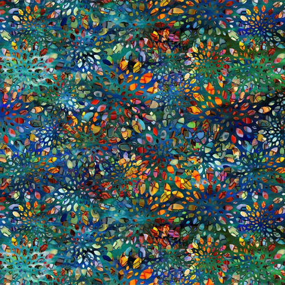 A fabric design featuring bold floral medallions bursting with jewel tones against a blended blue and teal background.
