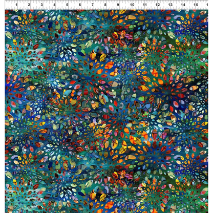 A fabric design featuring bold floral medallions bursting with jewel tones against a blended blue and teal background with a ruler at the top for scale.