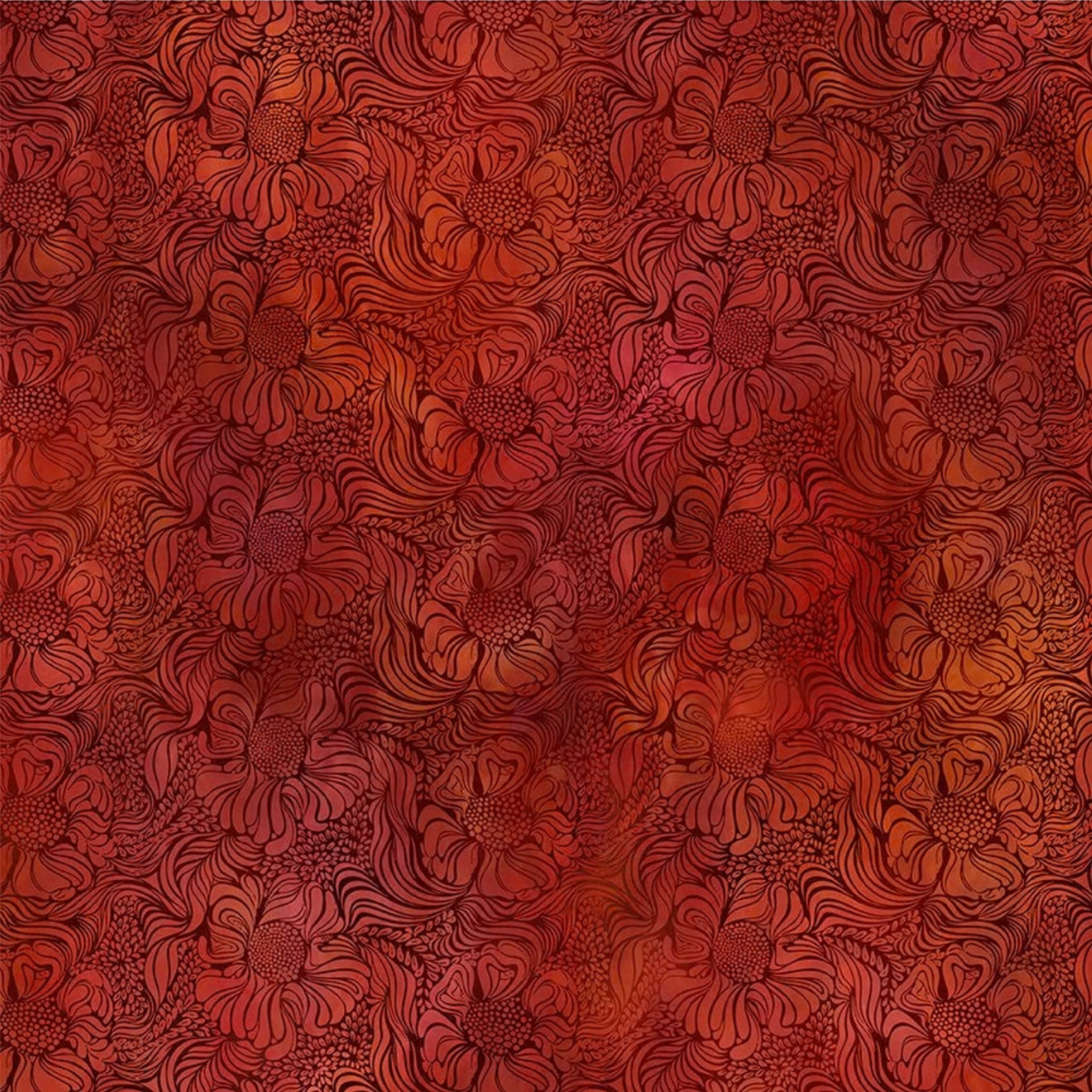 A fabric design featuring a stained-glass swirling floral pattern in deep crimson red and burnt orange. 