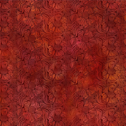 A fabric design featuring a stained-glass swirling floral pattern in deep crimson red and burnt orange. 